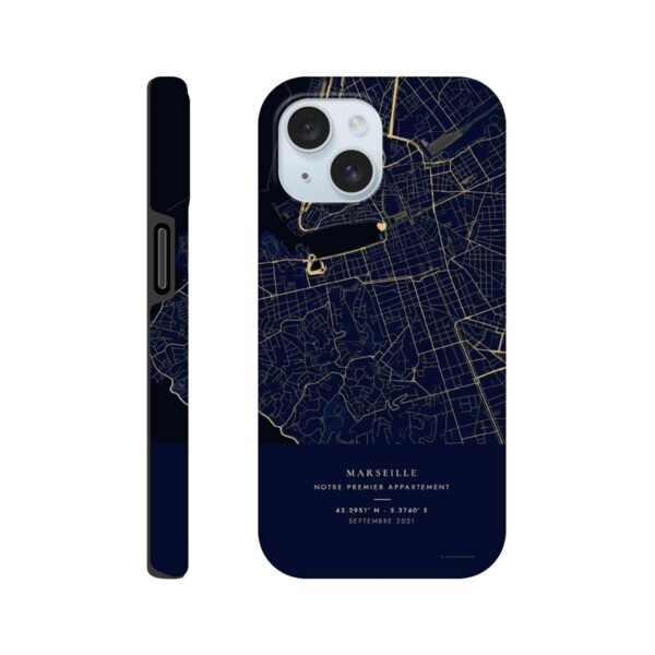Coque iPhone personnalisée avec la carte de Marseille, style Nuit, coordonnées GPS