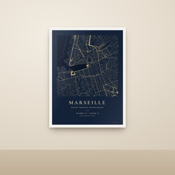 Affiche carte de Marseille style Nuit dans un cadre blanc