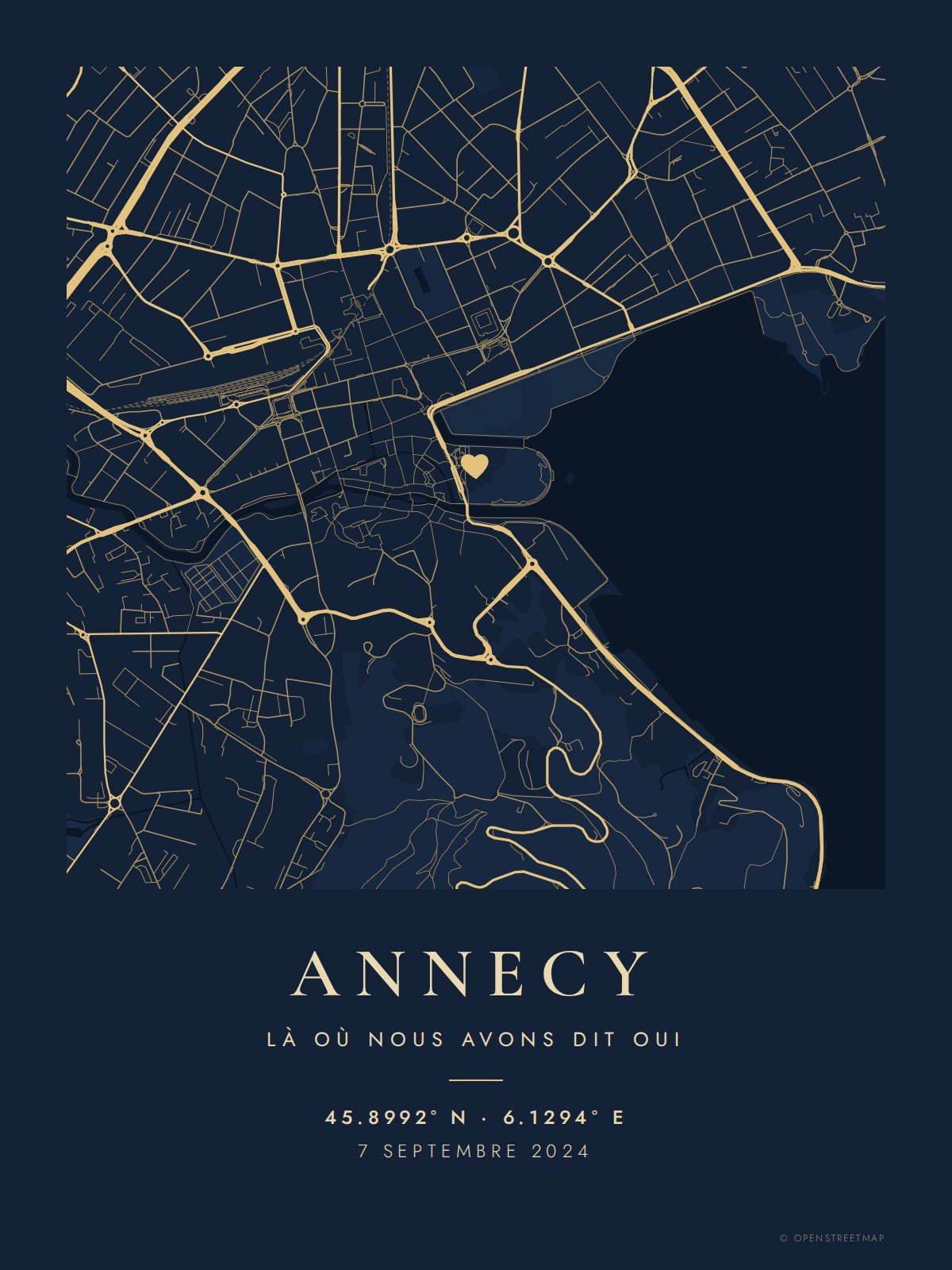 Affiche carte d'Annecy pour un mariage avec la date
