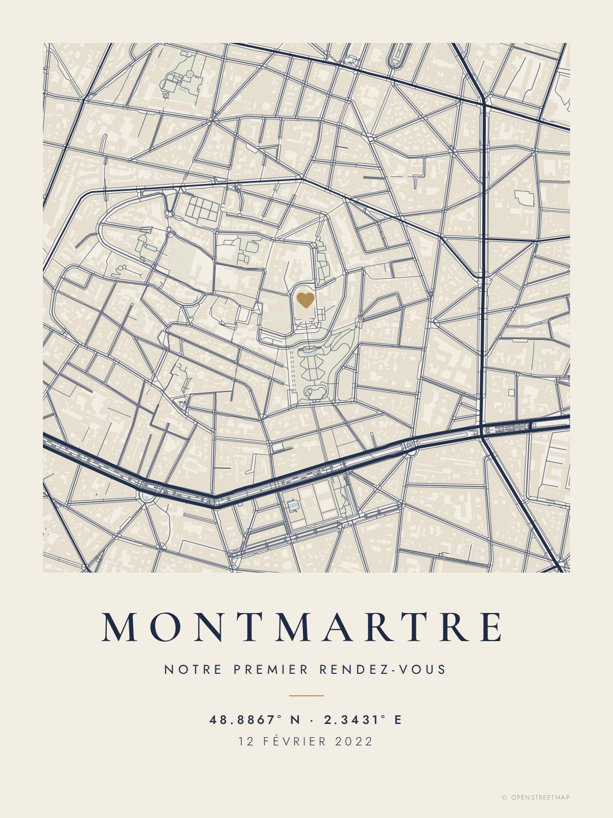 Affiche carte de Montmartre avec la date d'un premier rendez-vous