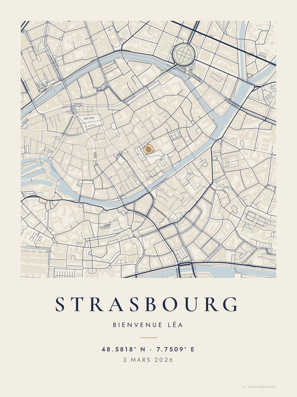 Affiche carte de Strasbourg pour la naissance de Léa